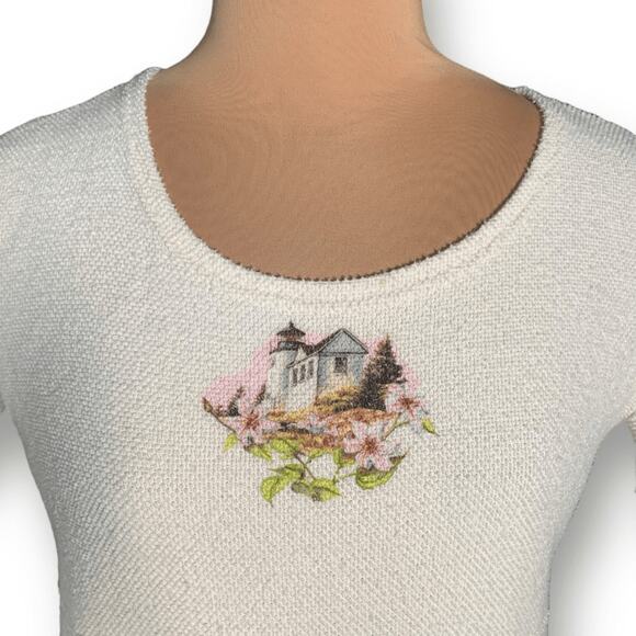 Vintage Cottagecore Lighthouse Floral Print Maxi Dress Pastel Pink Cream Texture - Picture 3 of 8